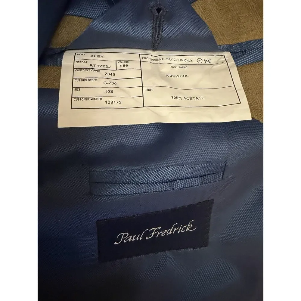 Paul Fredrick Alex Mens Sport Coat Blazer Size 40S Olive Wool Herringbone